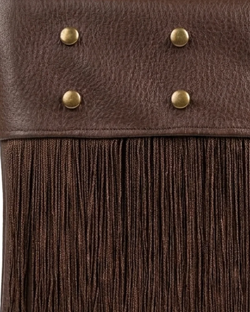 Detalle de la piel marrón chocolate de un bolso By Maam con tachuelas doradas