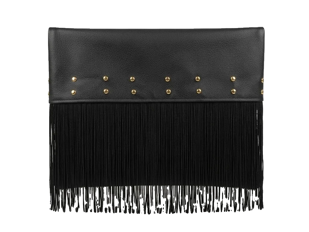 Funda Eclipse negra de piel con flecos negros y tachuelas doradas, hecha a mano